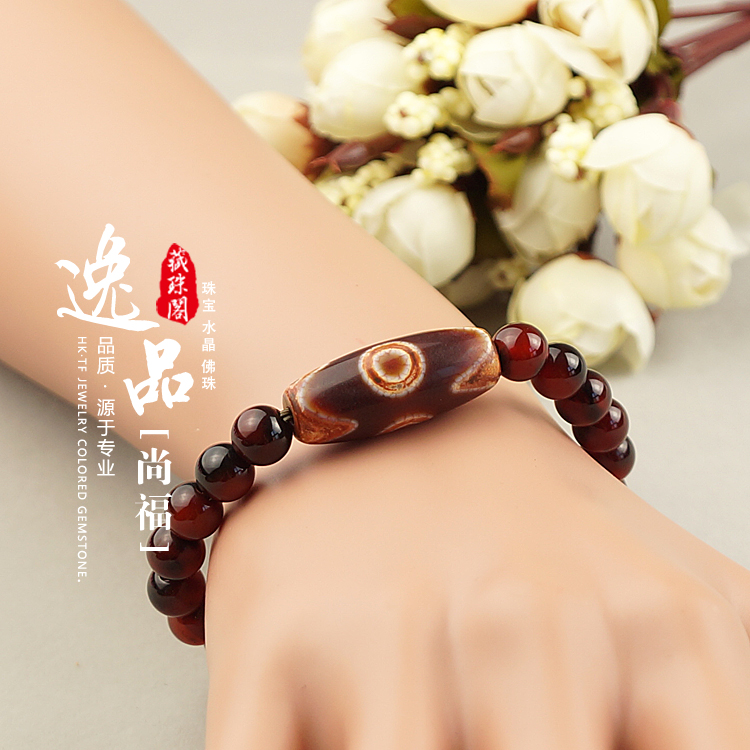 Handmade 8MM Bloodstone Beads Three Eyes Dzi Tibetan Buddhist Bracelet